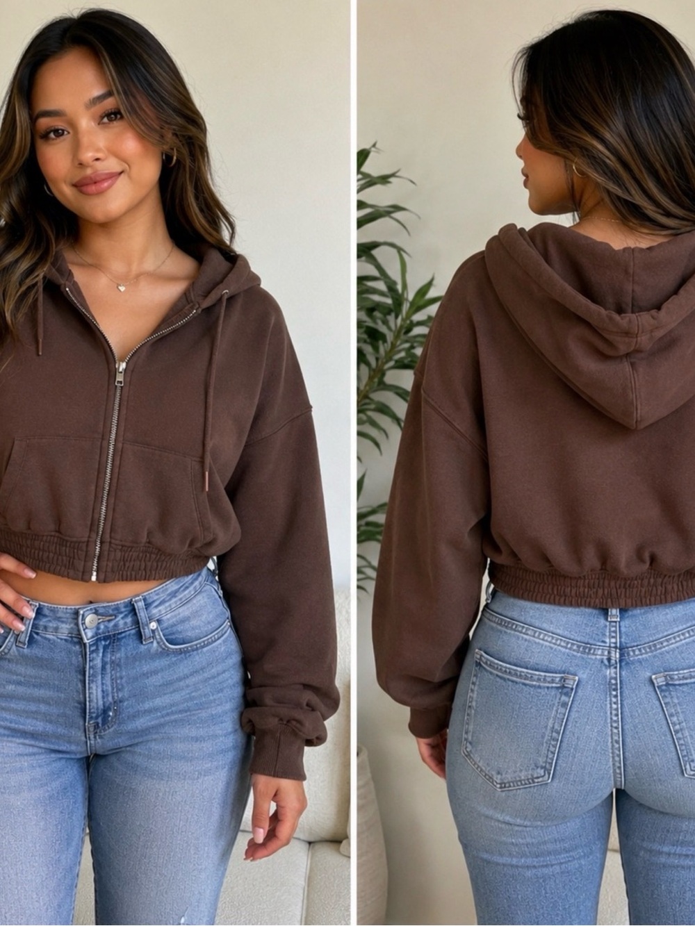 Cropped Zip Hoodie in Chocolate Brown